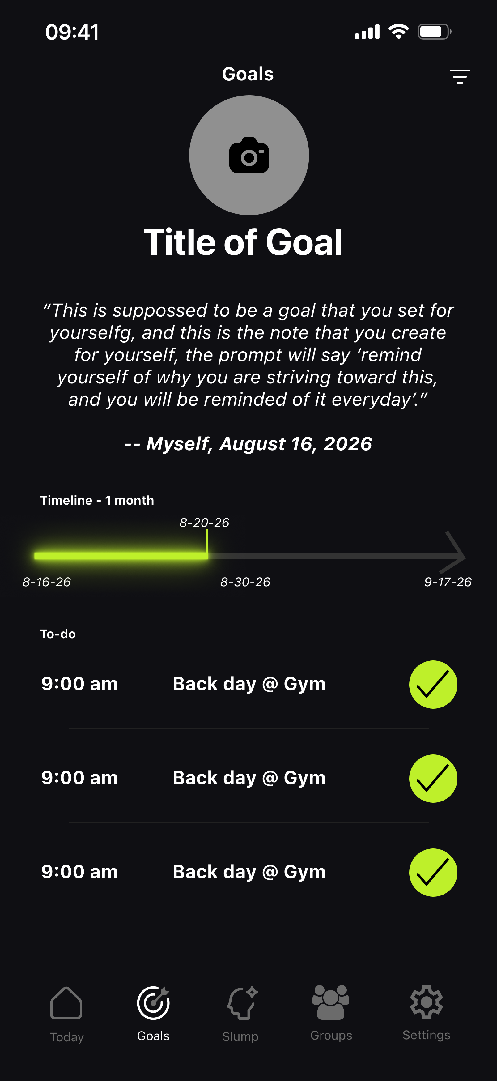 Initial Slump Goals tab mockup
